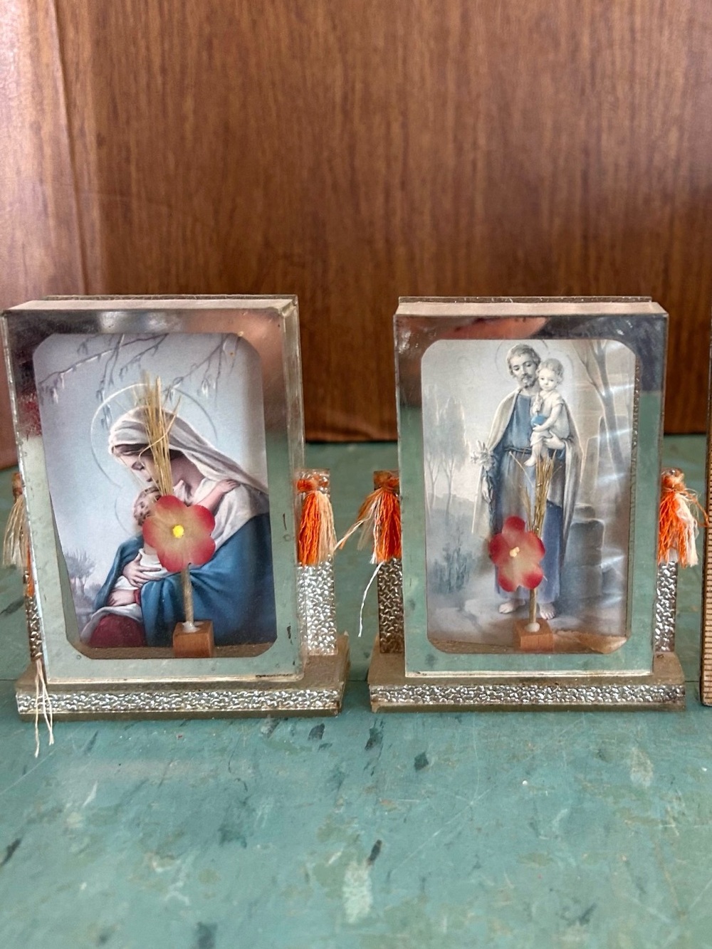 Vintage catholic mini shadow box shrine glass box 1950’s Mary Jesus religious